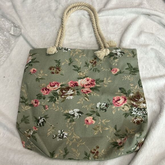 Floral Canvas Tote Bag with Rope Handles – Vintage-Style Beach or Everyday Bag. - Picture 2 of 6